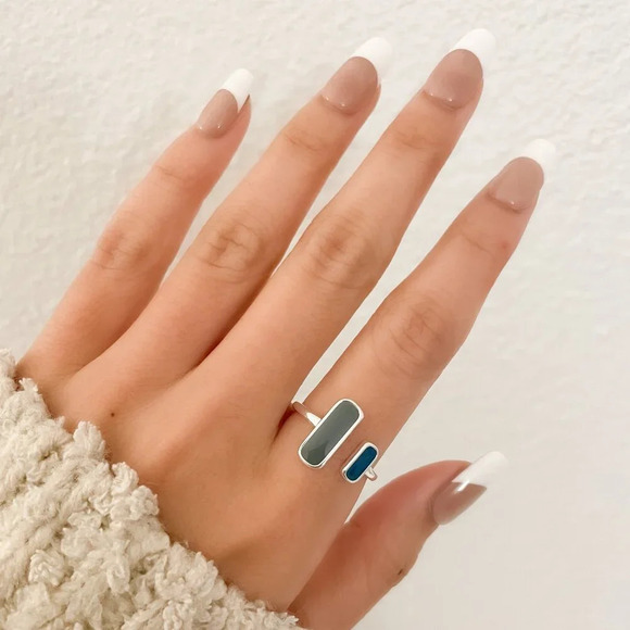 925 Sterling Silver Bar Ring Minimalist Dainty Bar Ring Blue Double Bar Ring - Picture 3 of 9